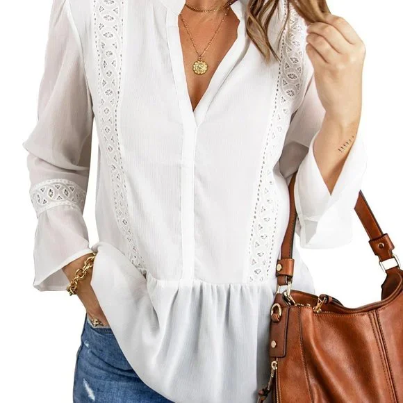 White Lace Ruffed Long Sleeve Blouse - Picture 4 of 6